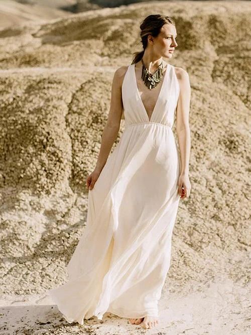 Chiffon Floor Length A Line Deep V Neck Backless 2024 Beach Wedding Dresses