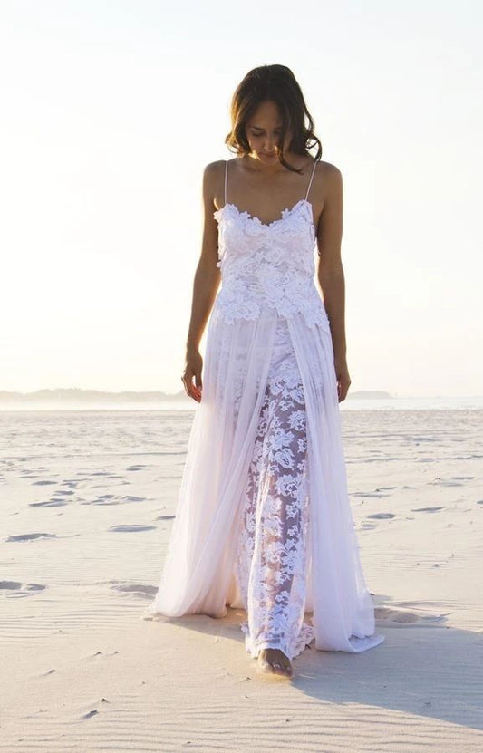 Spaghetti Straps Backless A Line Side Slit Side Beach Wedding Dresses 2024