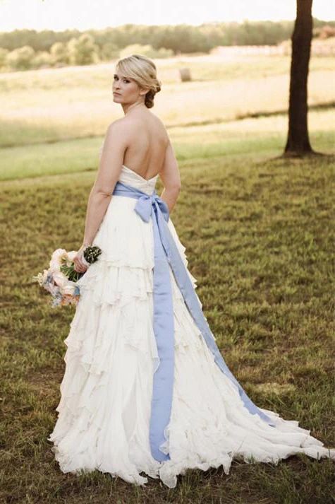 A Line Chiffon With Blue Belt 2024 Sweetheart Ruched Beach Wedding Dresses