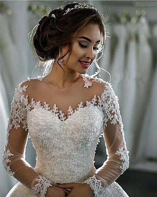 Long Sleeves Top Mesh Tulle 2024 A Line With Appliques Beaded Wedding Dresses