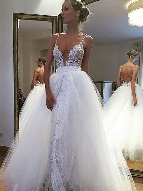White Sweetheart Lace With Detachable Train Spaghetti Straps Tulle Backless Wedding Dresses