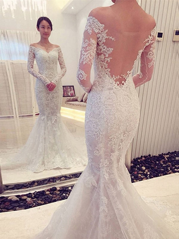 Sweetheart Back Mesh Long Sleeves Mermaid Off Shoulder Lace Wedding Dresses 2024