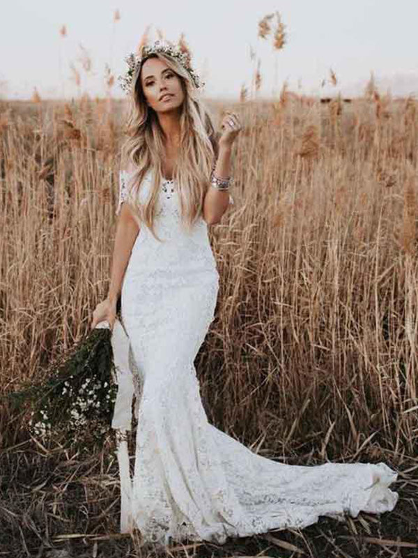 Long Train Sweetheart Out Door Off Shoulder Lace 2024 Beach Wedding Dresses
