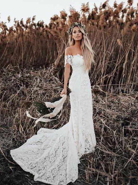 Long Train Sweetheart Out Door Off Shoulder Lace 2024 Beach Wedding Dresses