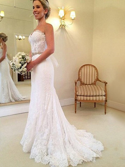 Sweetheart Sheath Beaded 2024 Lace Sash Bowknot Back Wedding Dresses