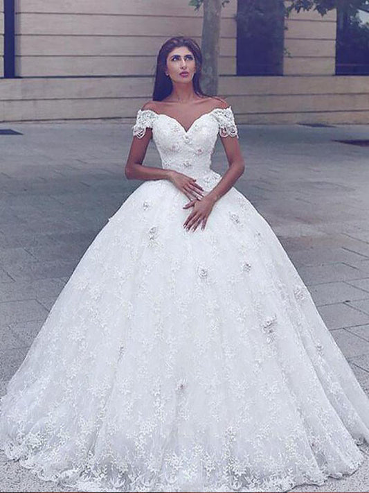 Off Shoulder Sweetheart Lace 2024 Ball Gown Chapel Train Wedding Dresses