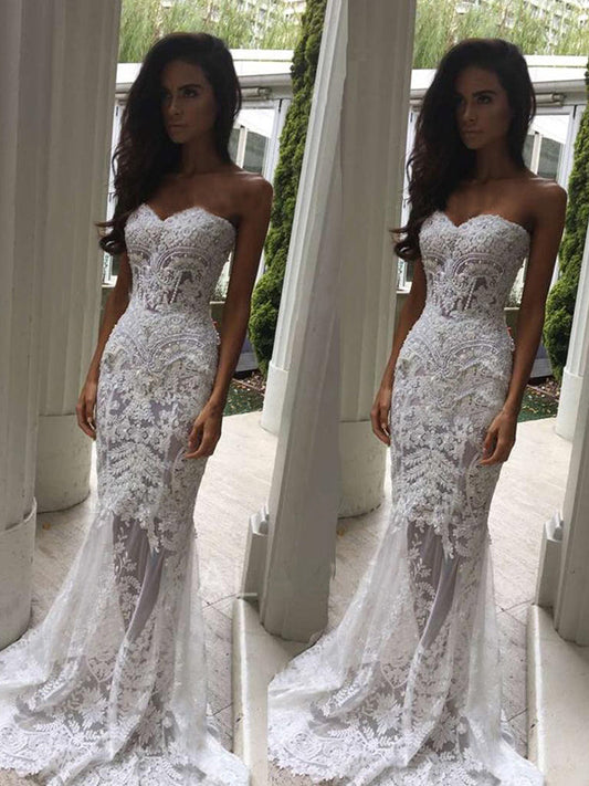 Sweetheart Lace Mesh With Appliques 2024 Sheath Sweep Train Wedding Dresses