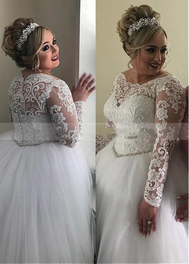 Long Sleeves Empire Waist 2024 Ball Gown Tulle Lace Plus Size Wedding Dresses