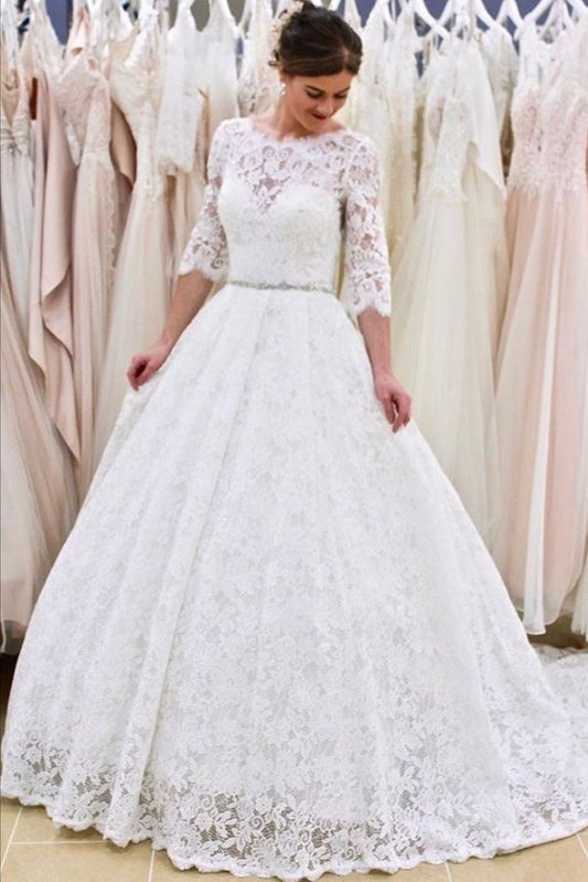Long Sleeves Backless Beaded Sash A Line Round Neck Lace Wedding Dresses 2024