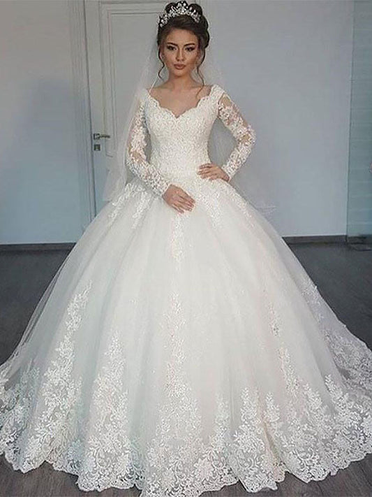 Sweetheart 2024 Lace Long Train Long Sleeves Ball Gown Wedding Dresses