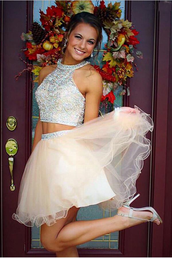 Two Piece Tulle Beading Prom Dresses Homecoming Dresses ED48