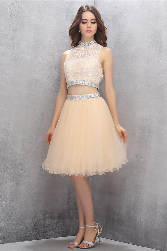 Two Piece High Neck Tulle Red Beading Homecoming/Prom Dresses ED78
