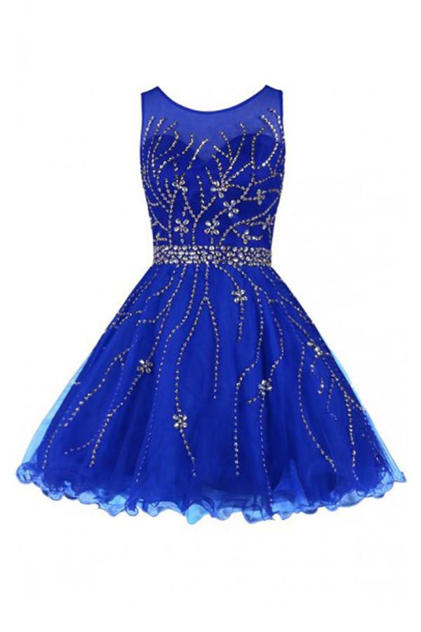 Scoop Royal Blue Tulle Beading Prom Dress Homecoming Dress ED55