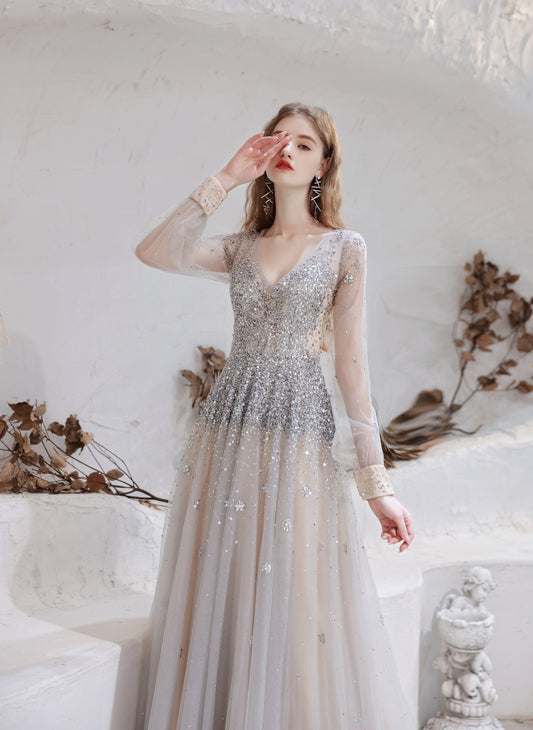 Champagne Prom Dresses Tulle Beading Luxury V-Neck Long Sleeves Evening Dress 2024 Long Evening Party Dresses Women robe de luxe femme Backless A-Line Prom Gown