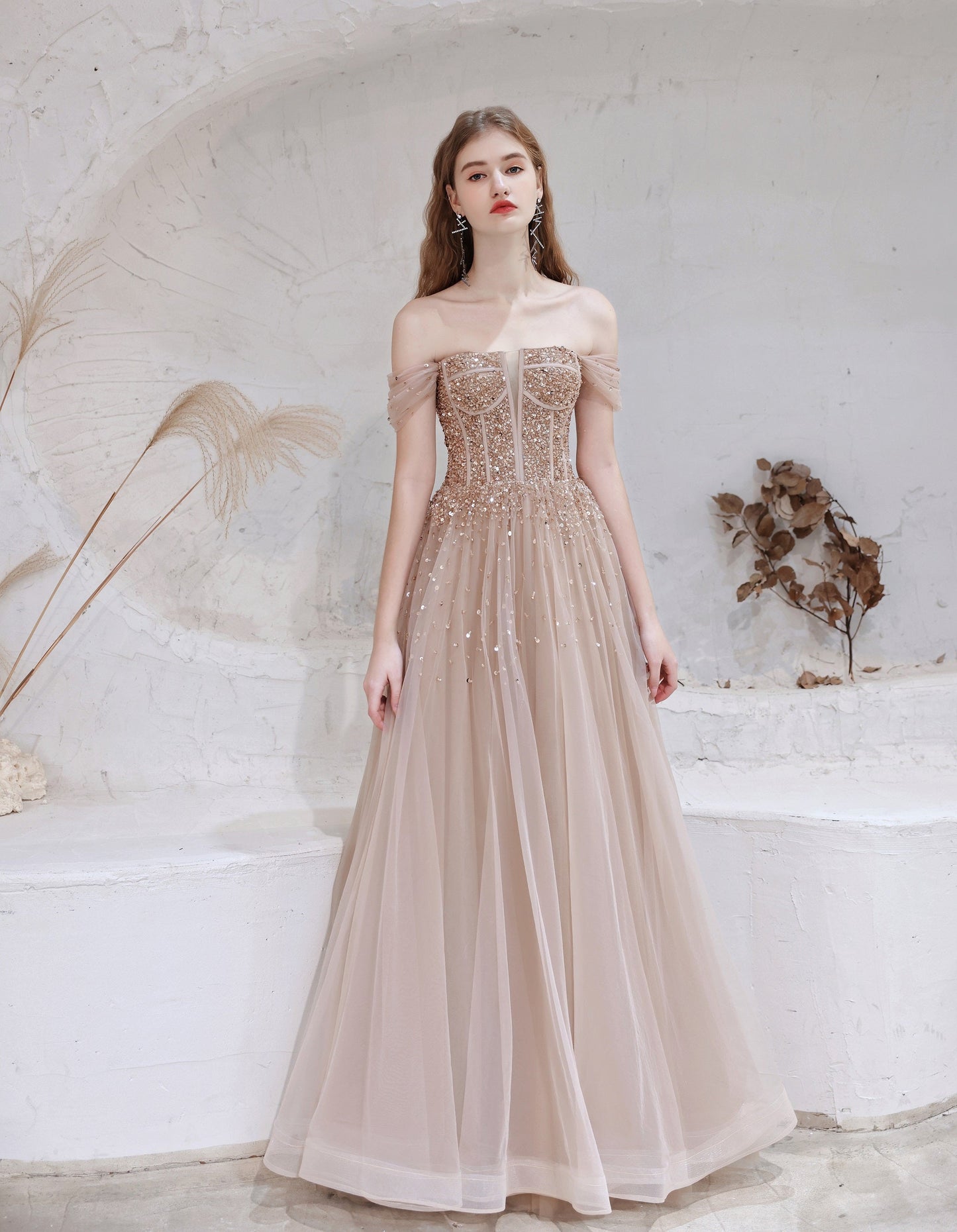 A-Line Prom Dresses Strapless Starlight Princess Champagne Prom Dress Long Evening Dress