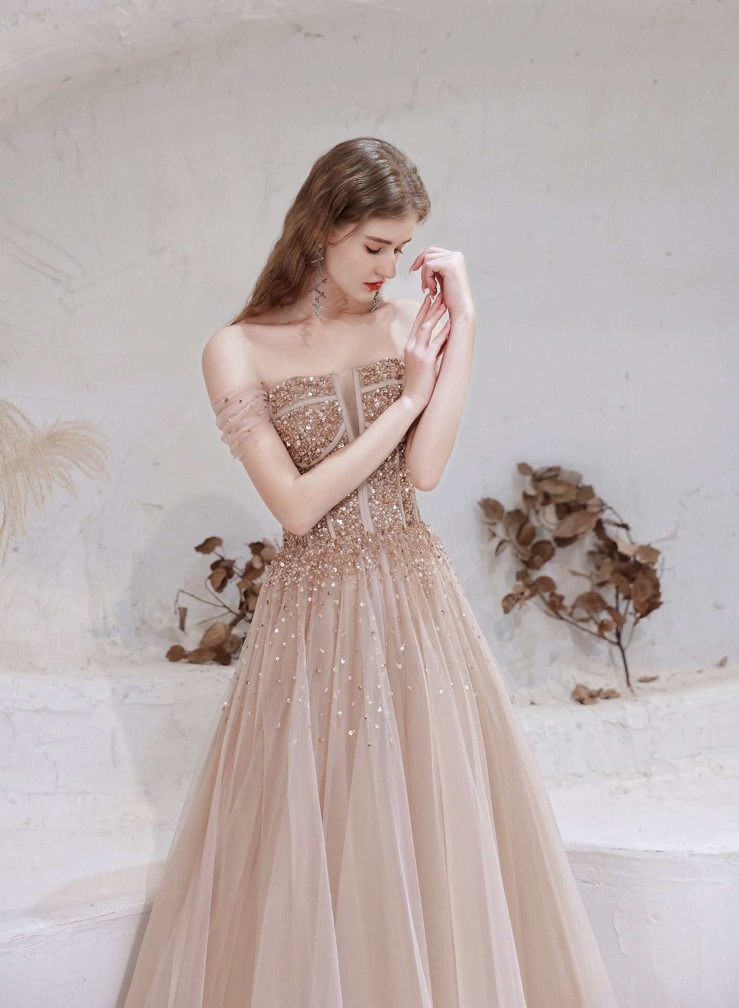 A-Line Prom Dresses Strapless Starlight Princess Champagne Prom Dress Long Evening Dress