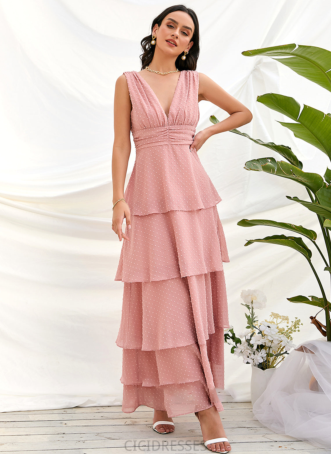 Silhouette A-Line Fabric Neckline Length Straps Ankle-Length V-neck Briana Sleeveless Floor Length Natural Waist Bridesmaid Dresses