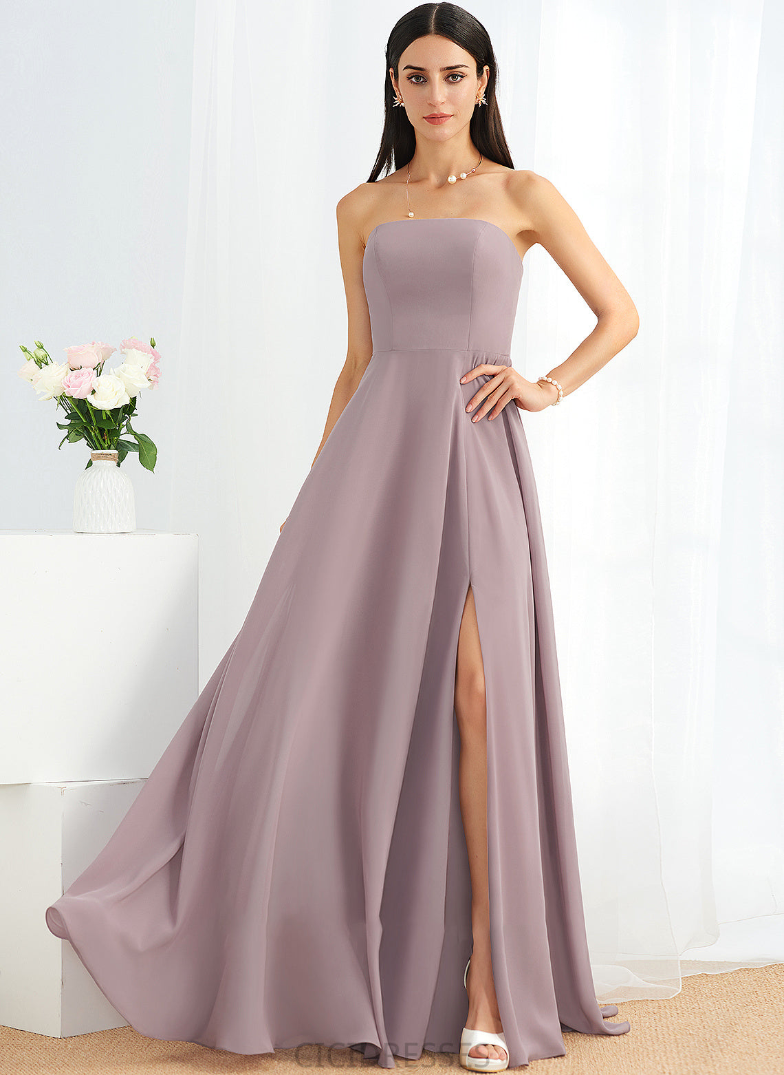Floor-Length Fabric Length Neckline Strapless Silhouette SplitFront A-Line Embellishment Caroline Sweetheart A-Line/Princess Bridesmaid Dresses