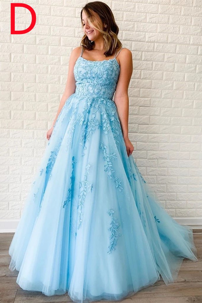 Puffy Spaghetti Straps Prom Dress with Appliques Long Evening Dress N2171