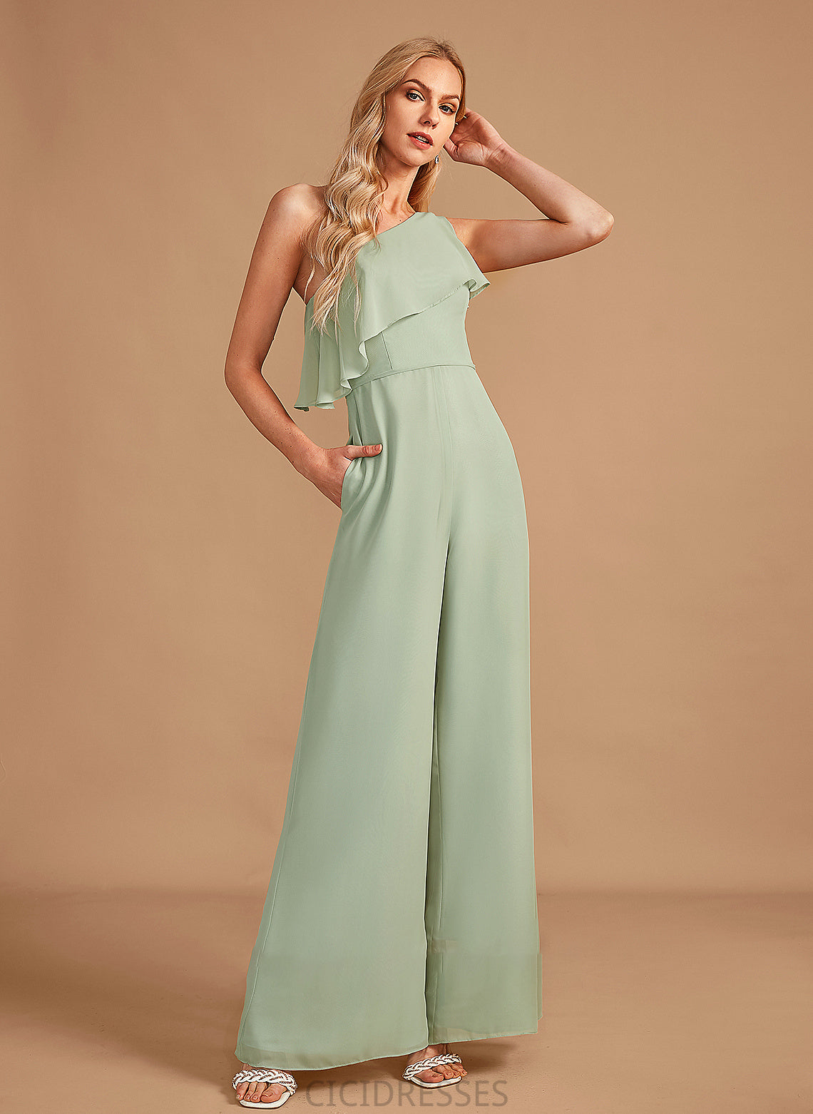 Straps Length Ruffle Neckline Floor-Length One-Shoulder Embellishment Fabric Miranda Spaghetti Staps Sleeveless A-Line/Princess Bridesmaid Dresses
