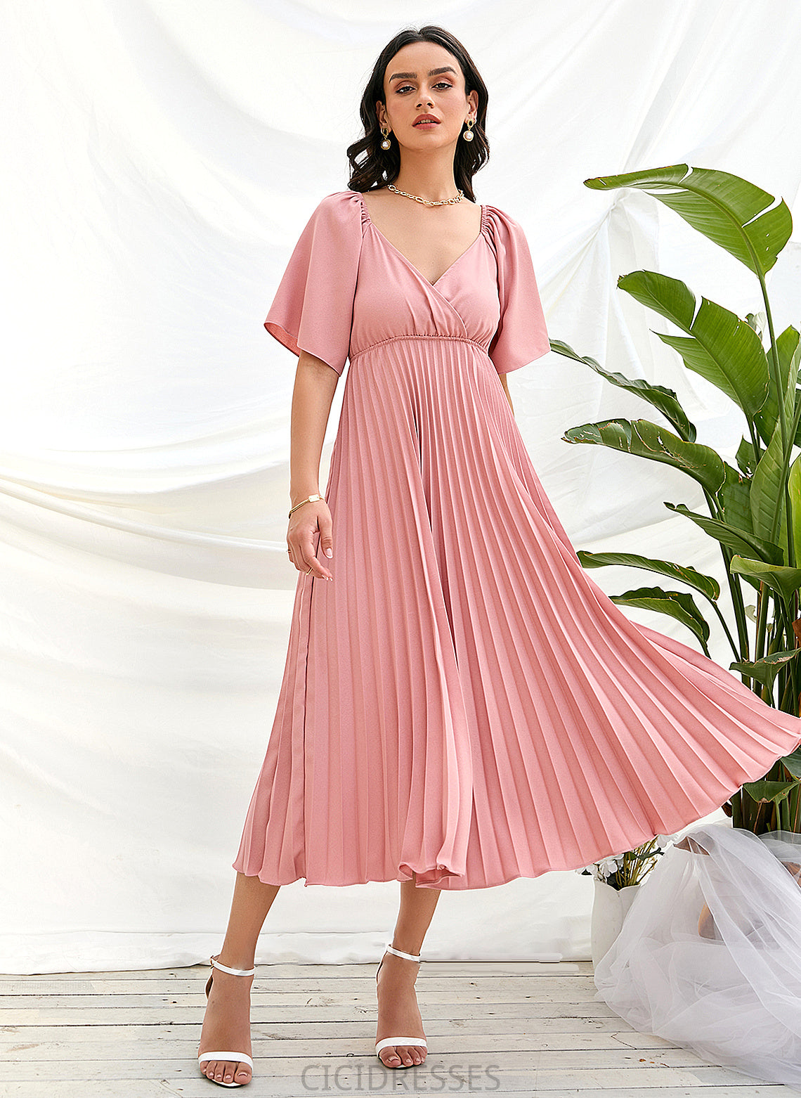 Length Pleated Silhouette Embellishment A-Line Tea-Length Fabric Neckline V-neck Ali Floor Length Natural Waist Bridesmaid Dresses