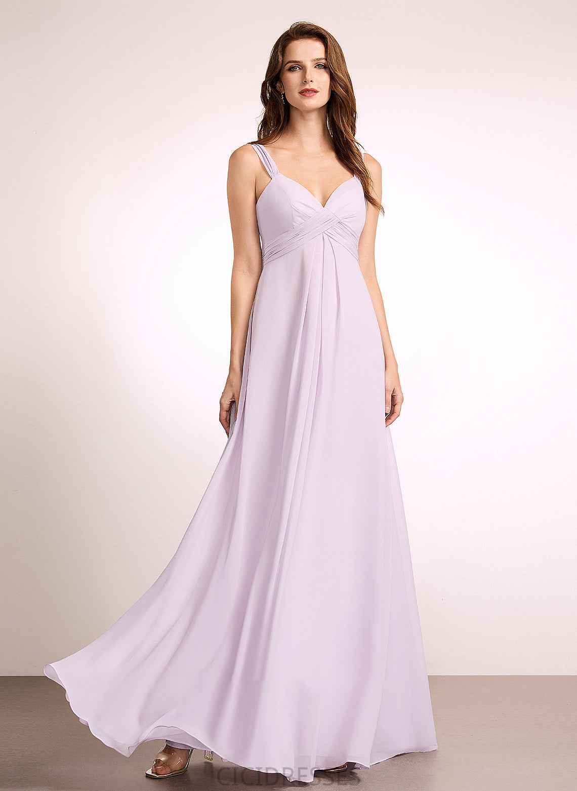Length V-neck Embellishment Ruffle Neckline Silhouette Floor-Length Fabric A-Line Lauryn Natural Waist A-Line/Princess Bridesmaid Dresses