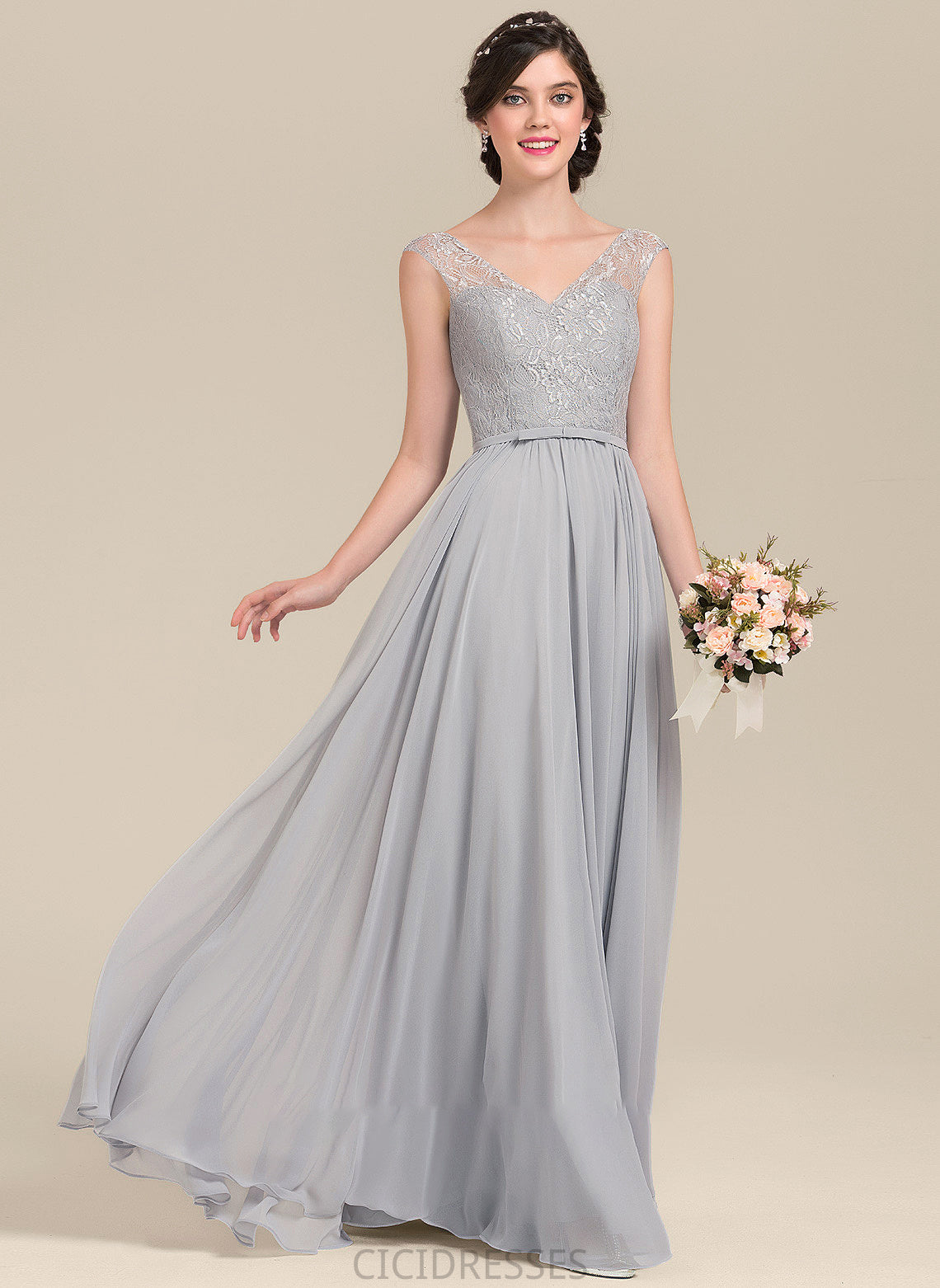 Length Floor-Length Bow(s) Silhouette Fabric Embellishment V-neck Neckline A-Line Zion V-Neck Sleeveless Bridesmaid Dresses
