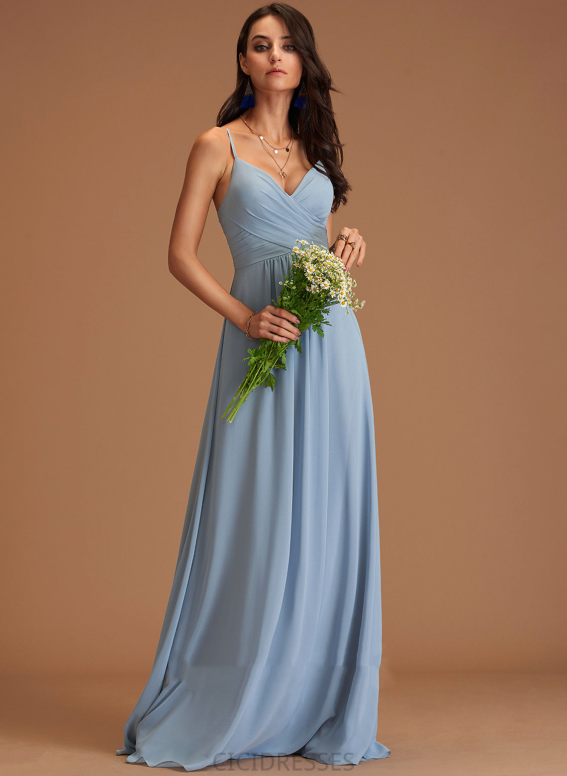 Embellishment Silhouette V-neck A-Line Ruffle Floor-Length Length Fabric Neckline Makayla Sleeveless A-Line/Princess Bridesmaid Dresses