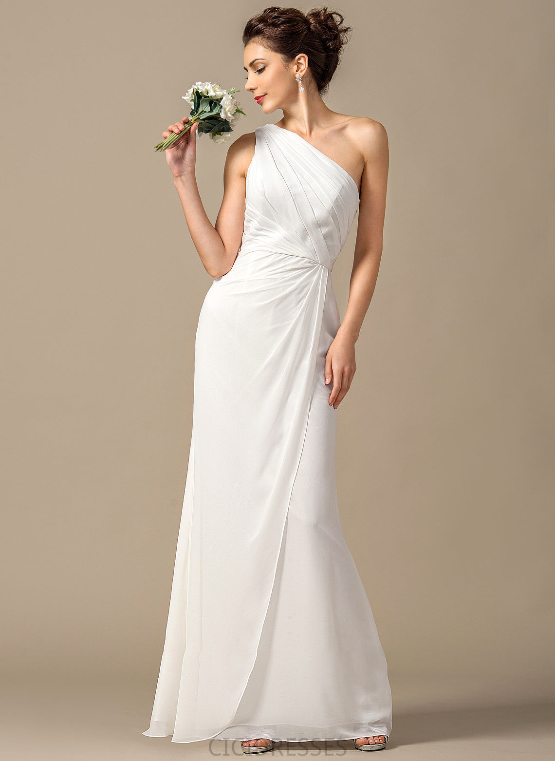 Embellishment Sheath/Column Fabric Length Floor-Length Ruffle Neckline One-Shoulder Silhouette Corinne Cap Sleeves V-Neck Bridesmaid Dresses
