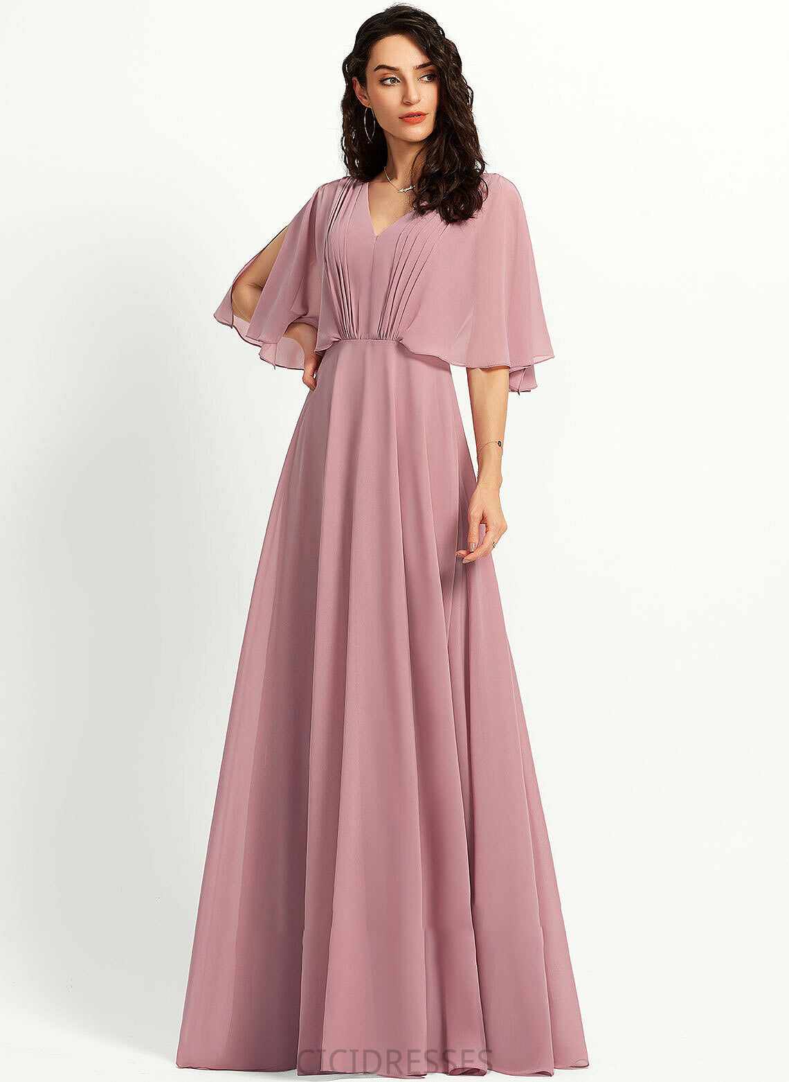 Length Embellishment Ruffle Neckline Floor-Length V-neck Silhouette Fabric A-Line Cristal Sleeveless Natural Waist Bridesmaid Dresses
