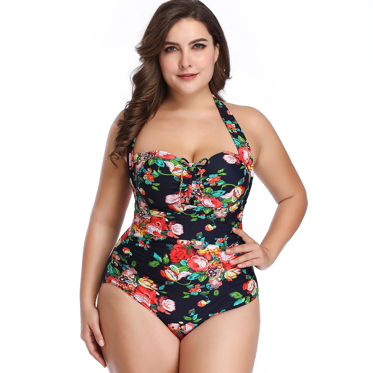 One Piece Floral Printed Drawstring Plus Size Swimsuit GM1918
