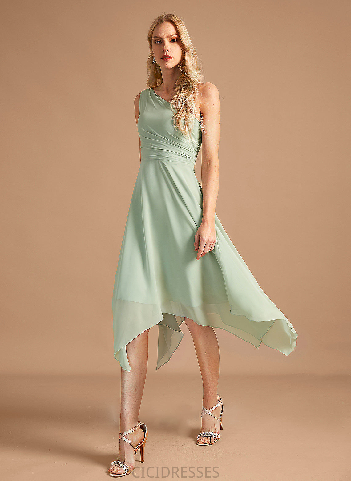 Length A-Line Fabric Asymmetrical Silhouette Neckline Ruffle Embellishment One-Shoulder Jewel A-Line/Princess Spaghetti Staps Bridesmaid Dresses