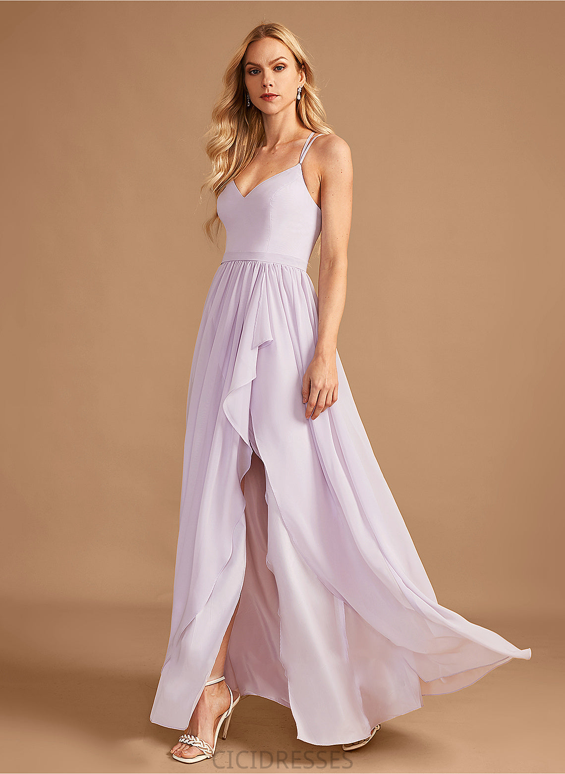 SplitFront Silhouette Asymmetrical Length Ruffle V-neck Embellishment Fabric Neckline A-Line Dakota Natural Waist Bridesmaid Dresses