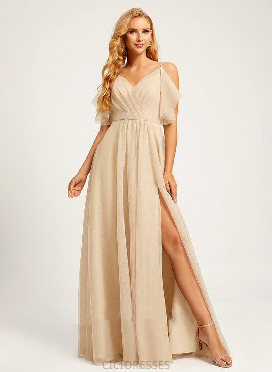 A-Line Neckline SplitFront Floor-Length Embellishment Fabric V-neck Silhouette Length Kiara Natural Waist Sleeveless Bridesmaid Dresses