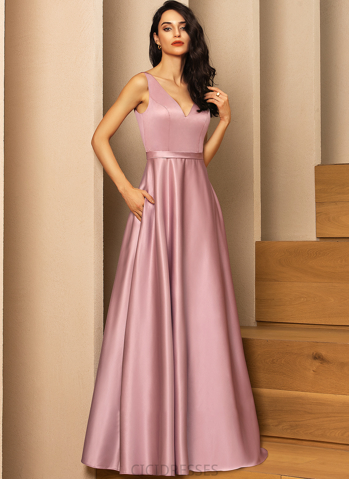 Satin Fabric Length Floor-Length Neckline Straps Pockets V-neck Embellishment Chloe Floor Length Natural Waist Bridesmaid Dresses