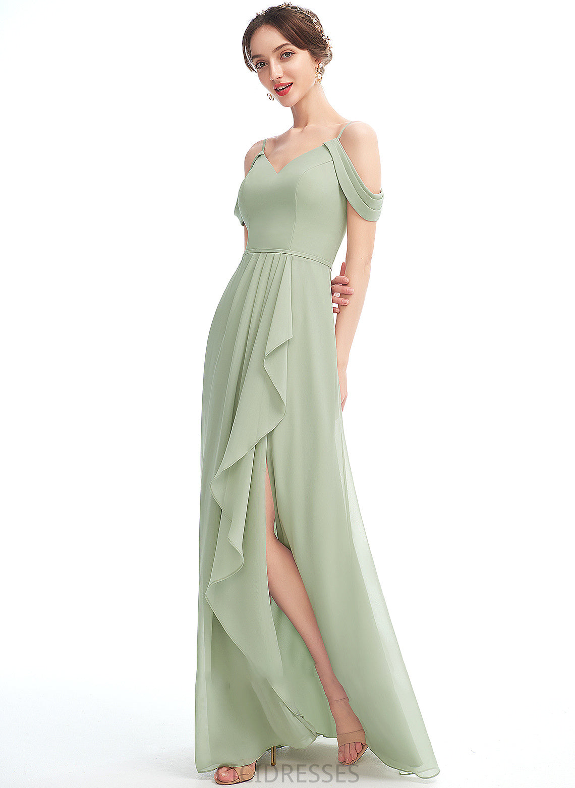 Silhouette V-neck Embellishment Floor-Length Neckline SplitFront A-Line Fabric Length Ruffle Arianna Straps Bridesmaid Dresses