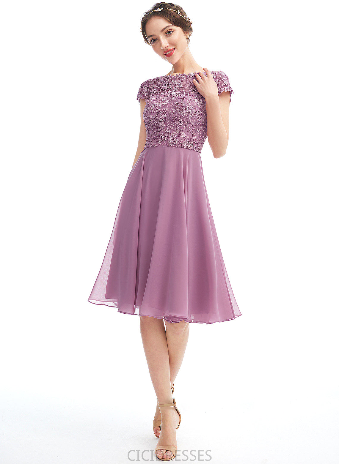Lace Fabric Neckline Silhouette A-Line ScoopNeck Knee-Length Length Straps Elena One Shoulder Natural Waist Bridesmaid Dresses
