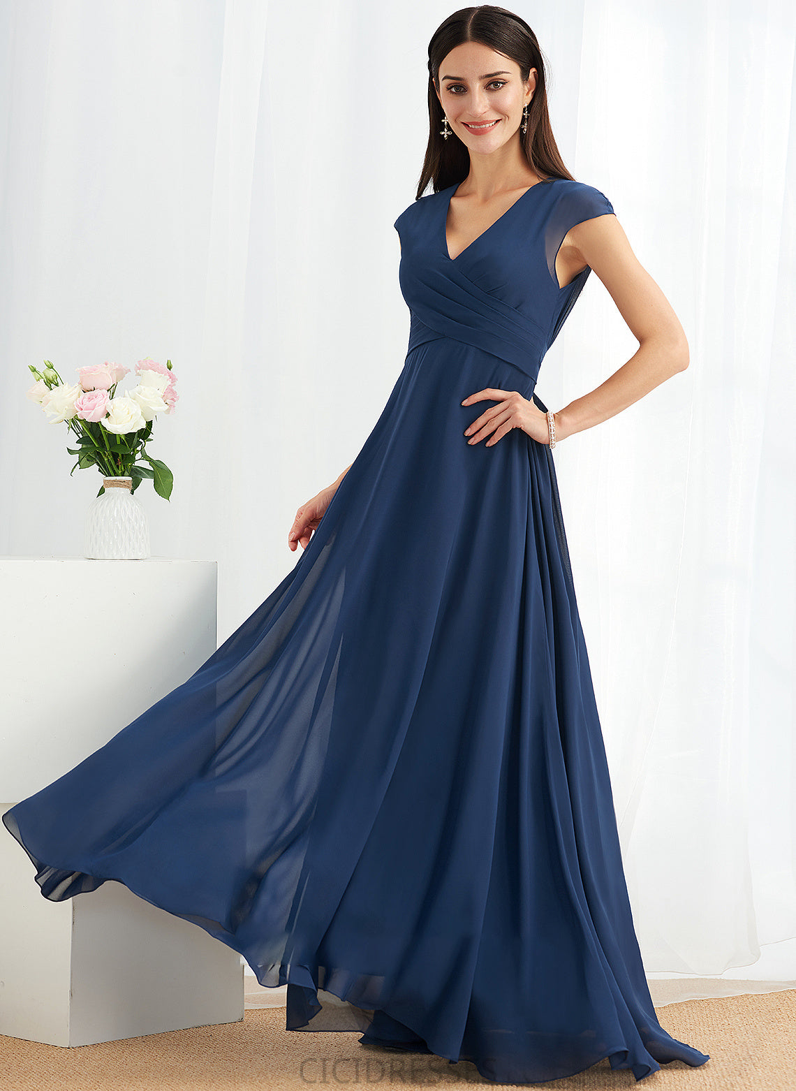 Silhouette A-Line Fabric Floor-Length Neckline Ruffle Embellishment Length V-neck Elizabeth Floor Length Sleeveless Bridesmaid Dresses