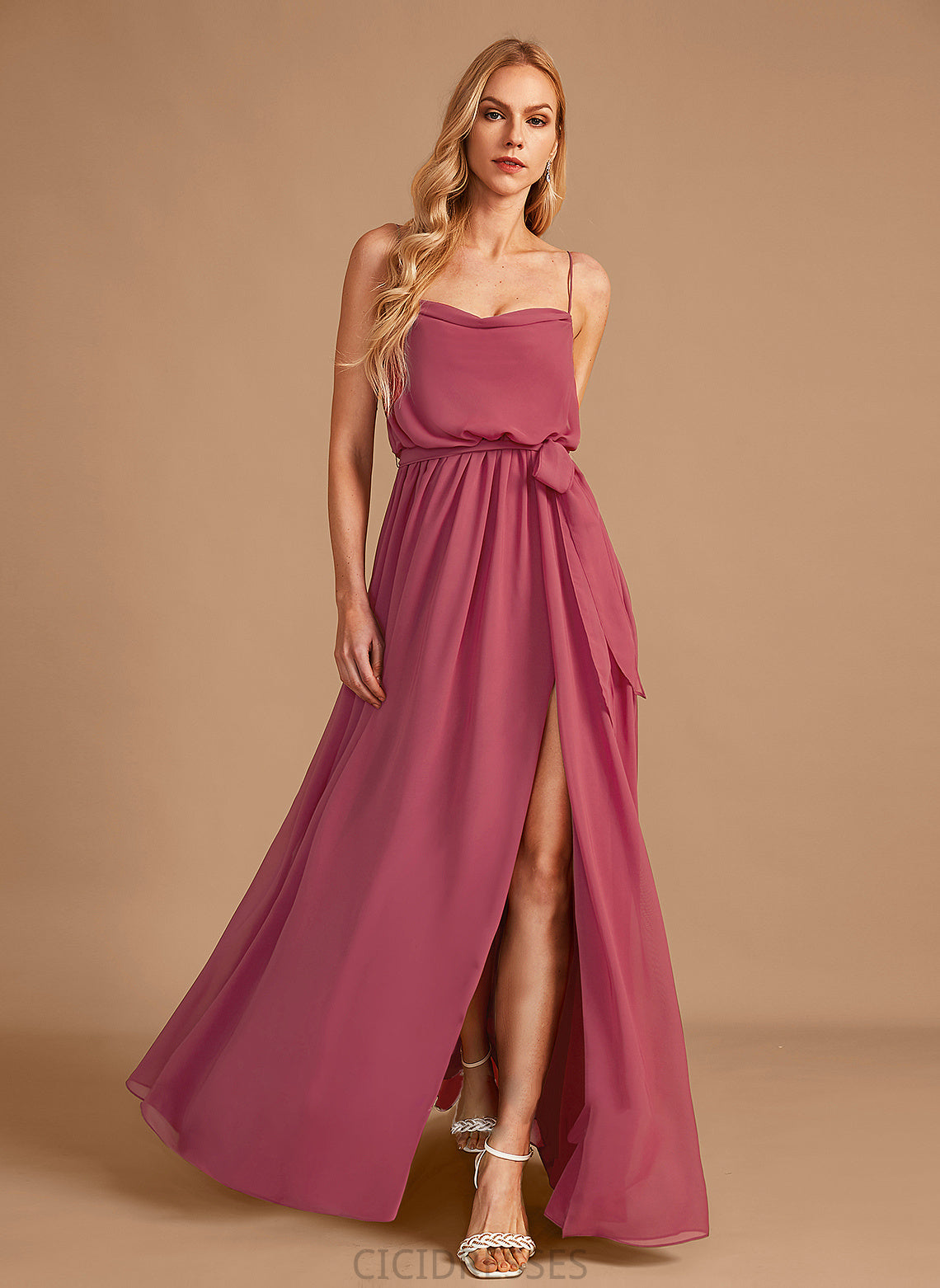 CowlNeck Silhouette Length Fabric Embellishment Floor-Length Neckline A-Line SplitFront Ruffle Diana Sleeveless Bridesmaid Dresses