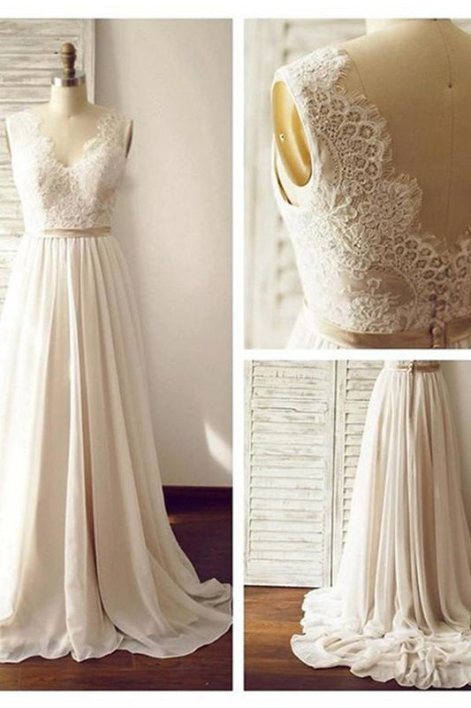 V-neck Backless Wedding Gown,Long Chiffon Bridal Dress,Sleeveless Lace Beach Wedding Dresses,S11