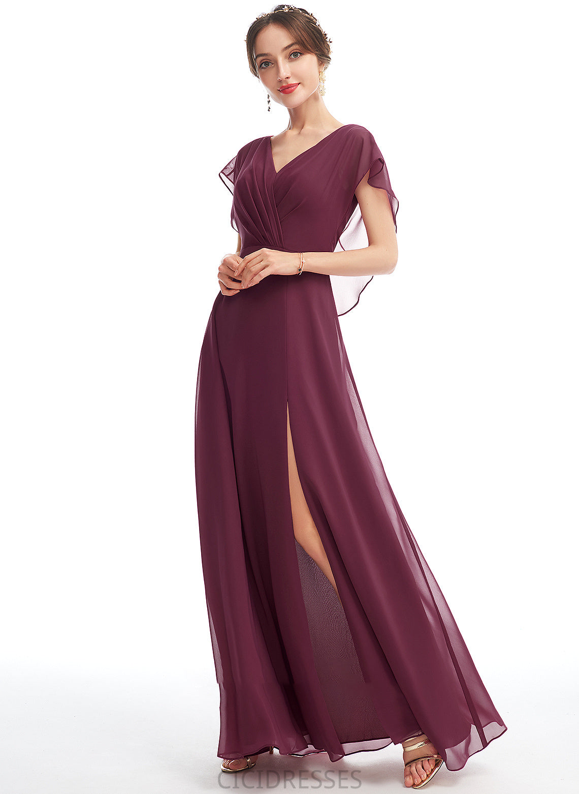 Ruffle Length Fabric SplitFront Neckline Embellishment Floor-Length V-neck Silhouette A-Line Janet V-Neck Bridesmaid Dresses