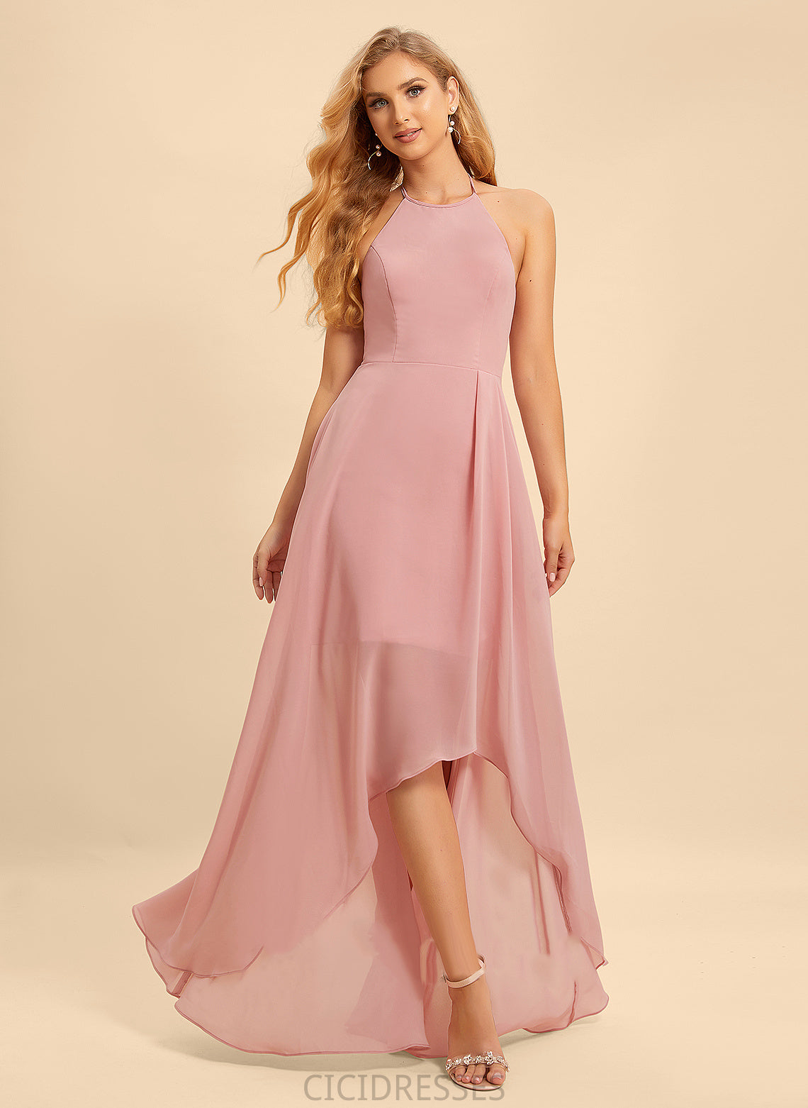 A-Line Ruffle Length Halter Embellishment Asymmetrical Fabric Neckline Silhouette Destiny V-Neck A-Line/Princess Bridesmaid Dresses