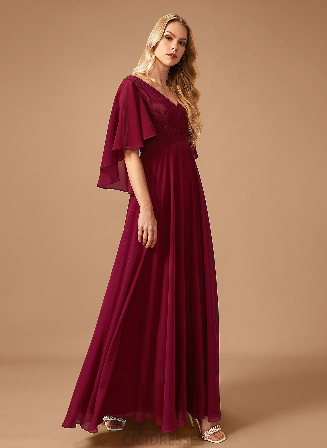 Silhouette Neckline Floor-Length Embellishment Ruffle Length Fabric V-neck A-Line Izabella Sleeveless Floor Length Bridesmaid Dresses
