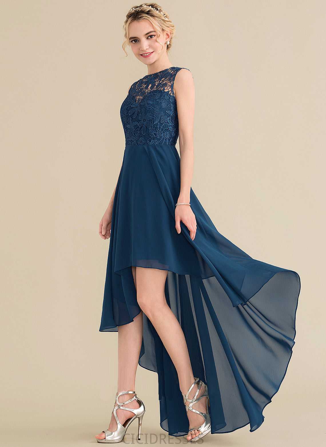 ScoopNeck Silhouette Lace Neckline Asymmetrical Fabric Straps Length A-Line Jamiya Floor Length Sleeveless Bridesmaid Dresses
