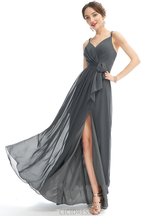 Length Fabric SplitFront A-Line Floor-Length Beading V-neck Embellishment Ruffle Silhouette Neckline Madelynn Bridesmaid Dresses