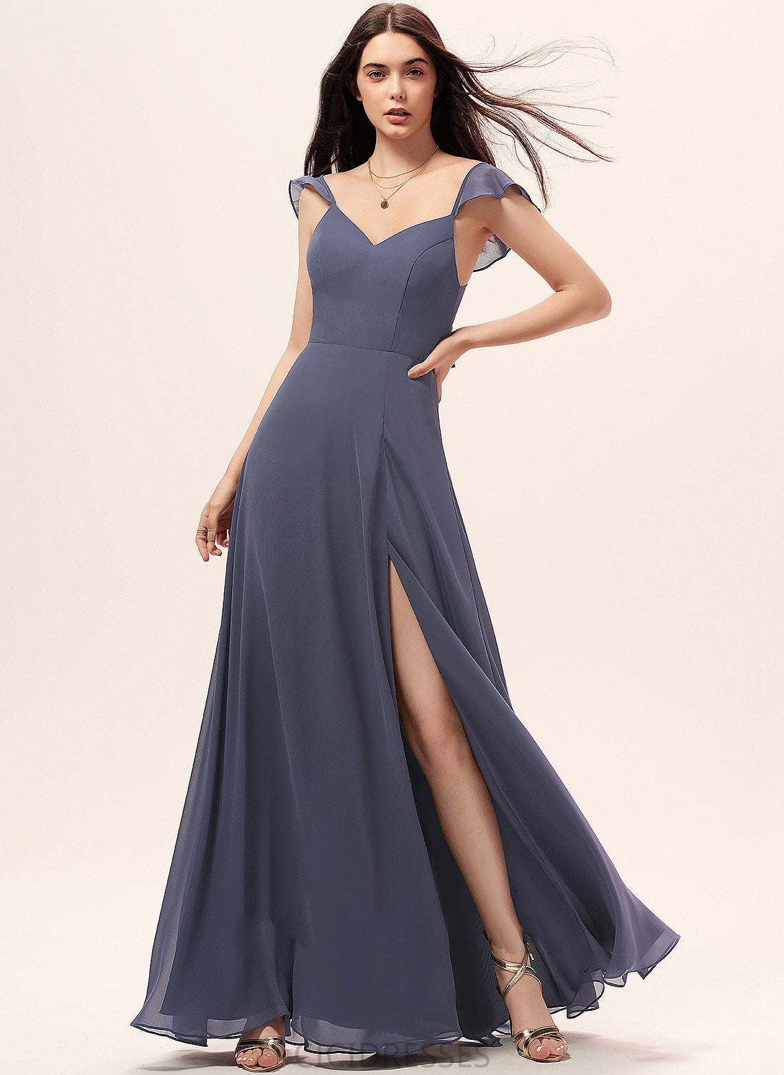 A-Line Floor-Length SplitFront Length Embellishment Silhouette Neckline Fabric V-neck Ashly Natural Waist Scoop Bridesmaid Dresses
