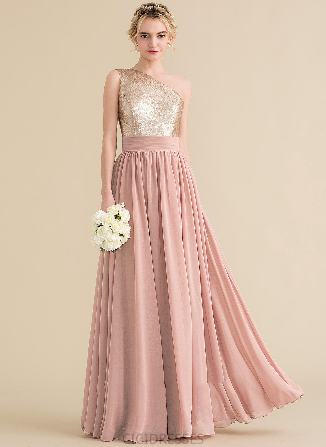 One-Shoulder Floor-Length A-Line Silhouette Length Sequined Neckline Straps Fabric Anna Sleeveless Scoop Bridesmaid Dresses