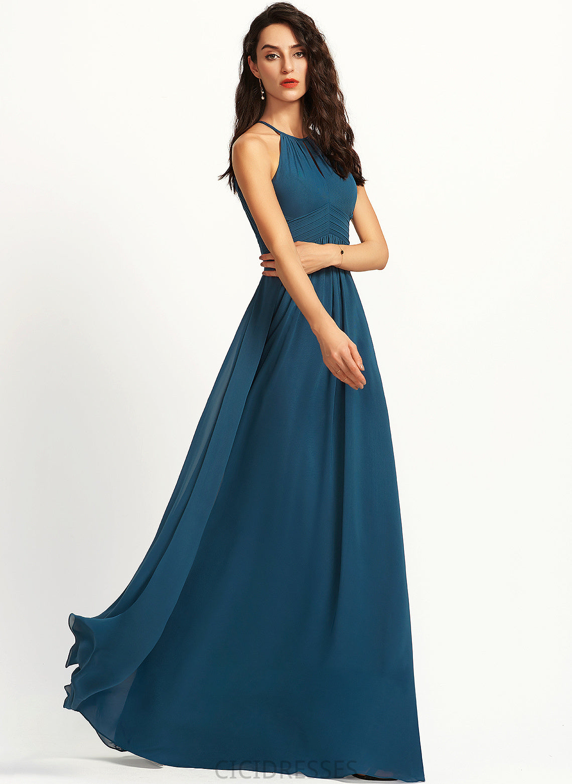 A-Line Neckline ScoopNeck Fabric Floor-Length Length Silhouette Ruffle Embellishment Zion A-Line/Princess Natural Waist Bridesmaid Dresses