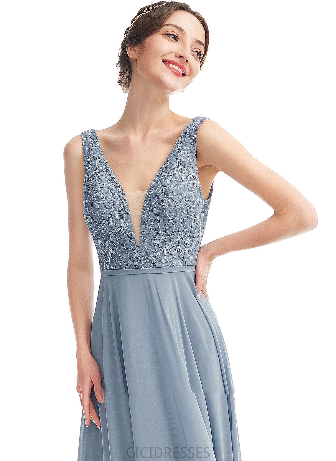 A-Line Straps Lace Neckline Fabric Length Silhouette Floor-Length V-neck Anya V-Neck Sleeveless Bridesmaid Dresses