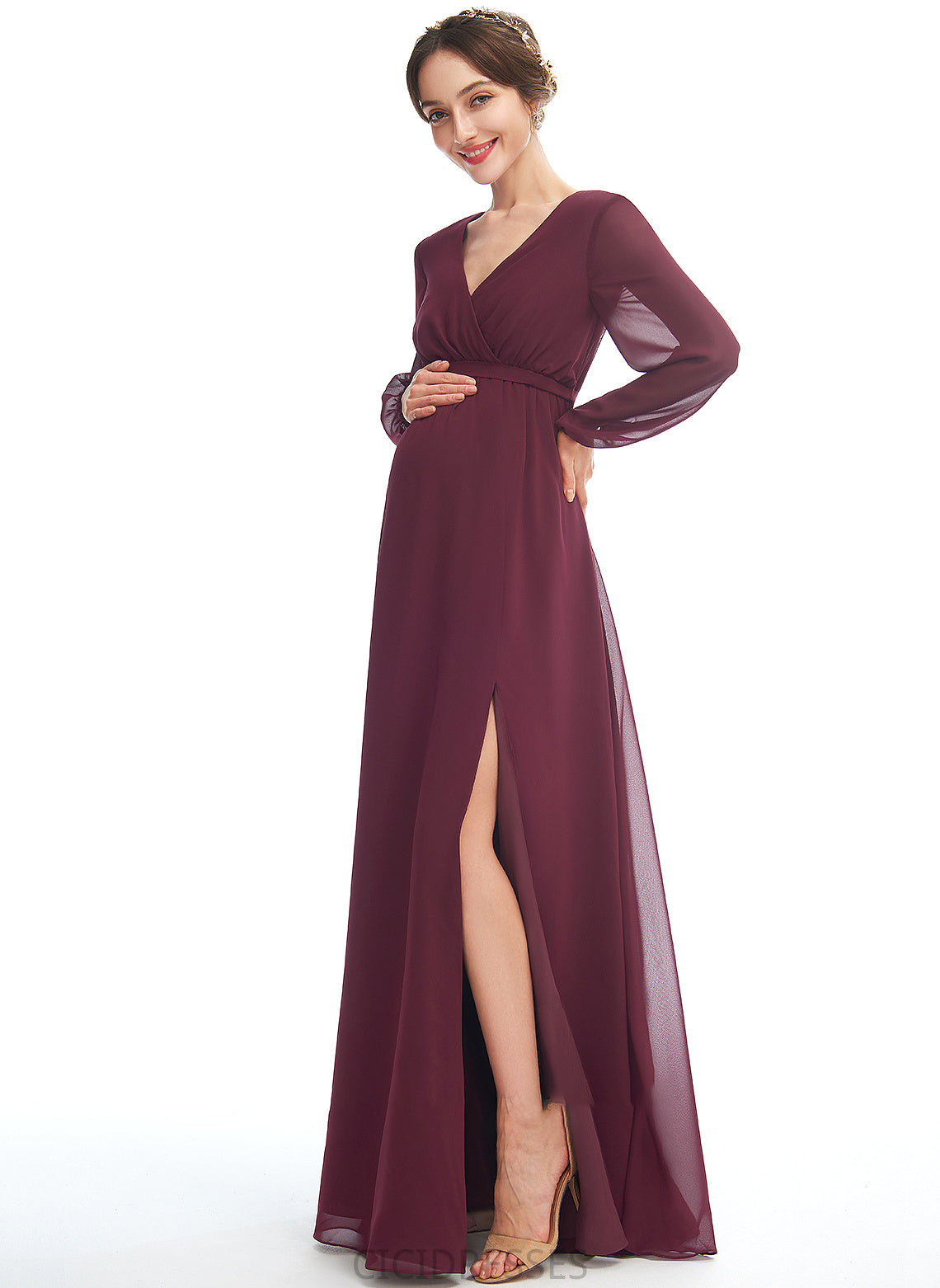 Fabric Length Silhouette Embellishment SplitFront Floor-Length A-Line Neckline V-neck Kaylin Spaghetti Staps Floor Length Bridesmaid Dresses